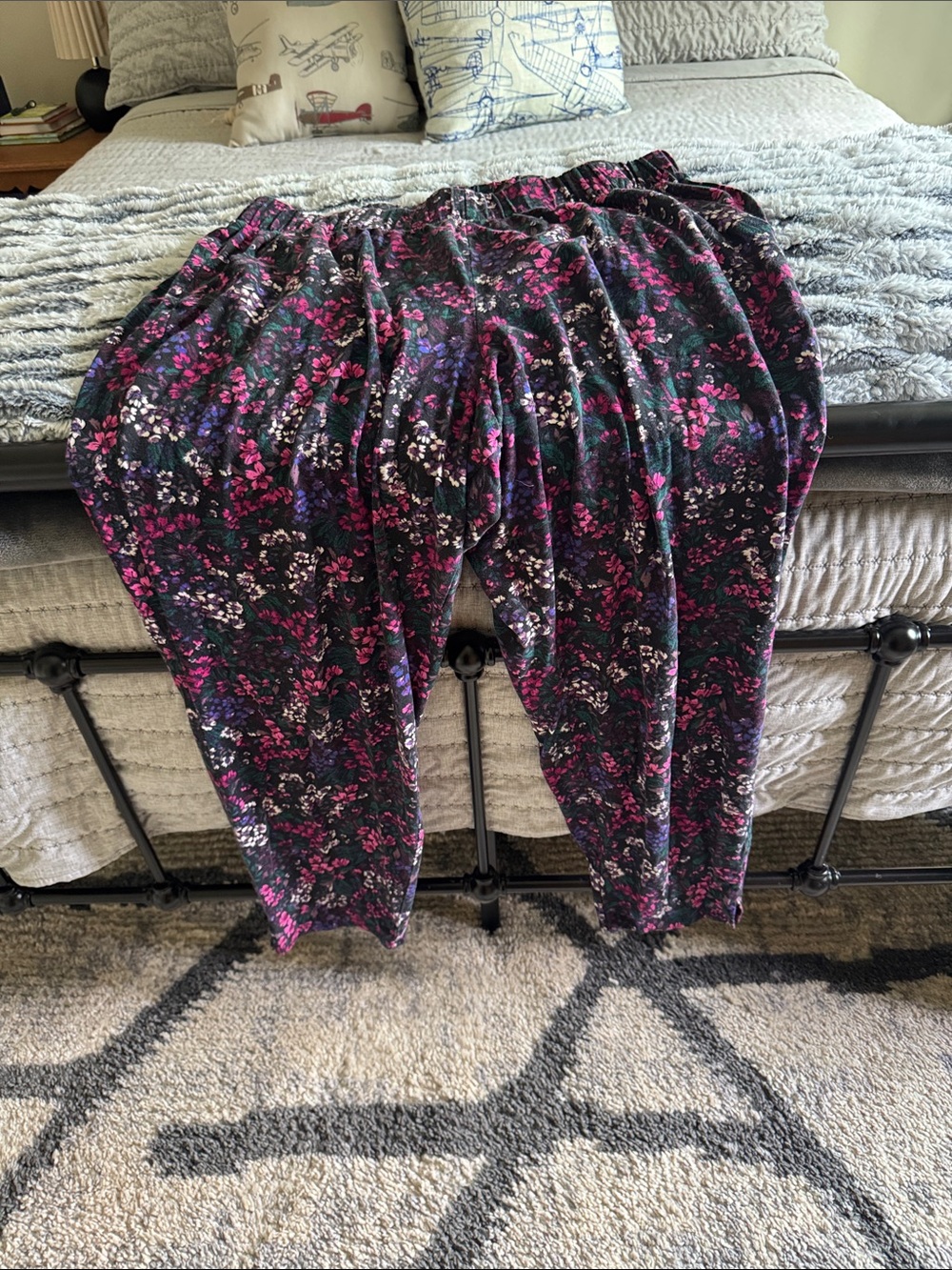 Cacique Black Floral Elastic-Waist Girls' Pants with Pink & Purple Print
